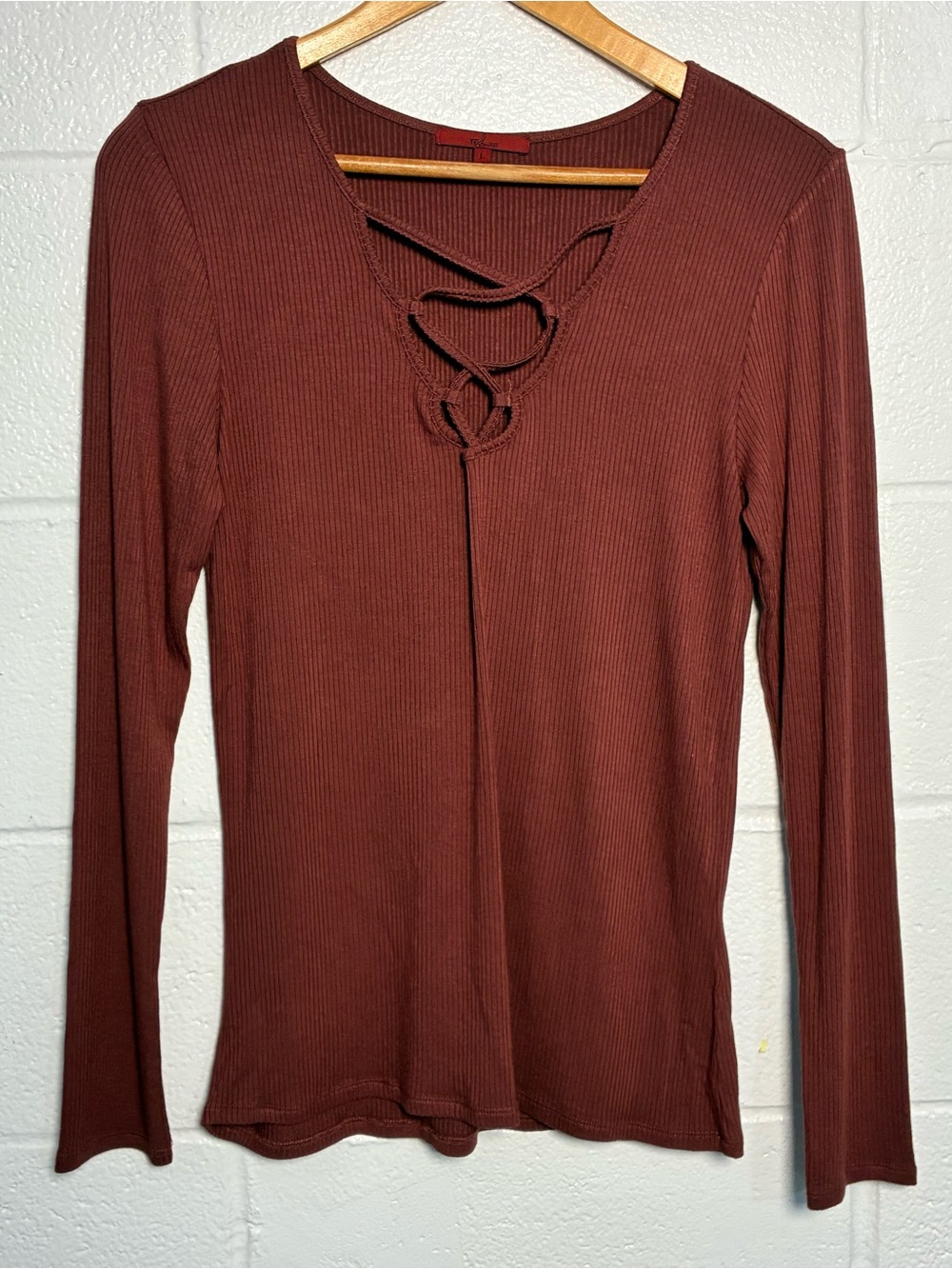 red by BKE rayon blend maroon criss cross chest ribbed top